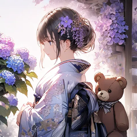 Hydrangeas,teddy bear, a beautiful girl, beautiful sky, detailed details, a large sky, a full-body image, detailed colors, dynam...