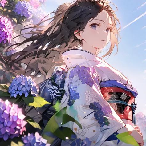 Hydrangeas,teddy bear, a beautiful girl, beautiful sky, detailed details, a large sky, a full-body image, detailed colors, dynam...