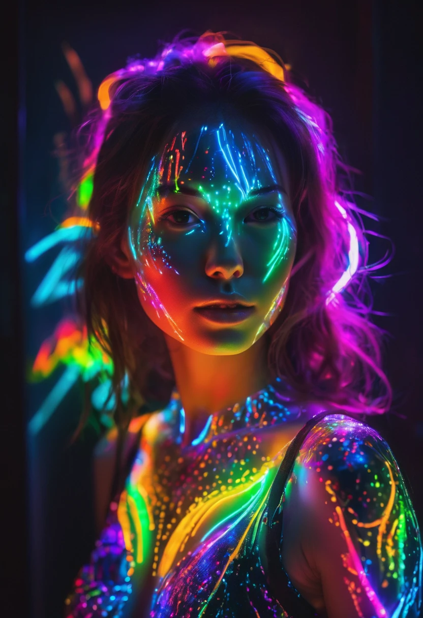 portrait complet photographie unique avec lumière et peinture. Utilisation de matériaux fluorescents pour former des motifs abstraits qui sont mis en œuvre sur le joli visage de femme japonaise avec une pose dynamique. Les matériaux phosphorescents stockent la lumière et la restituent lentement. brillent dans le noir, effet arc-en-ciel prismatique, ultra très détaillé, texture de la peau, art détaillé, fond de lueur néon, Portrait réaliste par Arnau Mas