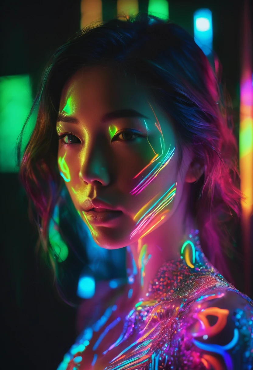 portrait complet photographie unique avec lumière et peinture. Utilisation de matériaux fluorescents pour former des motifs abstraits qui sont mis en œuvre sur le joli visage de femme japonaise avec une pose dynamique. Les matériaux phosphorescents stockent la lumière et la restituent lentement. brillent dans le noir, effet arc-en-ciel prismatique, ultra très détaillé, texture de la peau, art détaillé, fond de lueur néon, Portrait réaliste par Arnau Mas