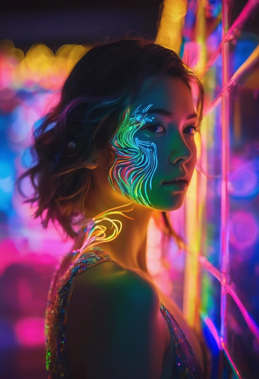 portrait complet photographie unique avec lumière et peinture. Utilisation de matériaux fluorescents pour former des motifs abstraits qui sont mis en œuvre sur le joli visage de femme japonaise avec une pose dynamique. Les matériaux phosphorescents stockent la lumière et la restituent lentement. brillent dans le noir, effet arc-en-ciel prismatique, ultra très détaillé, texture de la peau, art détaillé, fond de lueur néon, Portrait réaliste par Arnau Mas