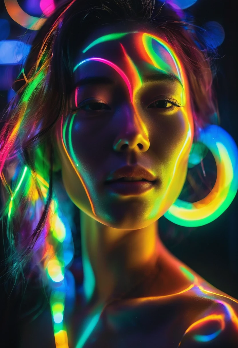 portrait complet photographie unique avec lumière et peinture. Utilisation de matériaux fluorescents pour former des motifs abstraits qui sont mis en œuvre sur le joli visage de femme japonaise avec une pose dynamique. Les matériaux phosphorescents stockent la lumière et la restituent lentement. brillent dans le noir, effet arc-en-ciel prismatique, ultra très détaillé, texture de la peau, art détaillé, fond de lueur néon, Portrait réaliste par Arnau Mas