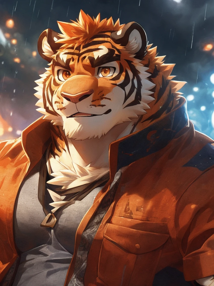 human nature, Wildlife, male,18 years old， solitary, ((Round Face, The face is plump,Orange eyes,Thick orange hair，With scars)), ((Endomorph, Handsome，Hot Blood)), (Sportswear，Clothes Damaged), ((domestic tiger, tiger，) Fluffy fur, Fluffy), Bokeh, (high quality, high resolution, masterpiece), (Dynamic Lighting, Vibrant colors), (Revitalize，harm，Disdain), Full body picture (close up), cartoon, author：Takemoto Arashi, From zixiong, By Chunni, author：Empty Ghost，（background：A city where it rains）