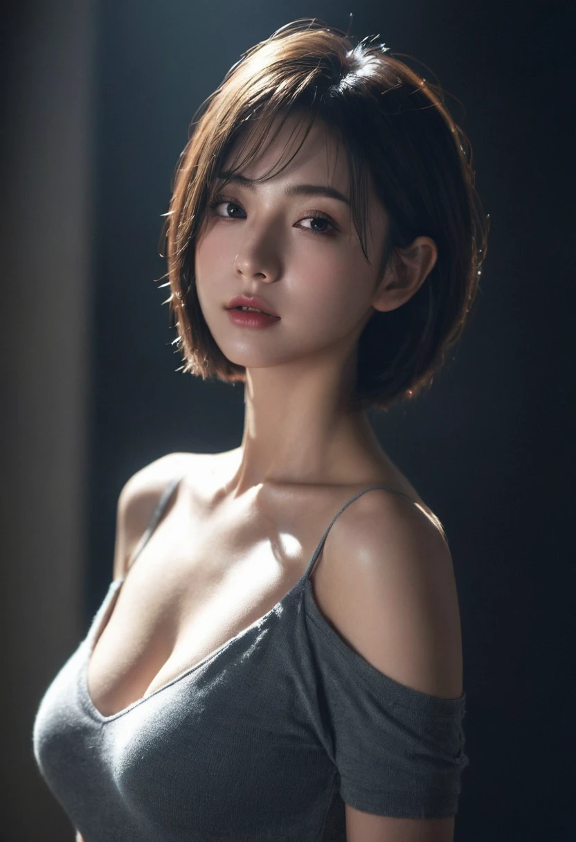 best quality, masterpiece, Ultra-high resolution, (Realistic:1.5), original photo, 1 girl, Off-shoulder, in the darkness, Deep shadows, Low profile, Cold Light, sexy look, short hair,Mix Girl,Yinglaite, Half-length photo,NSFW