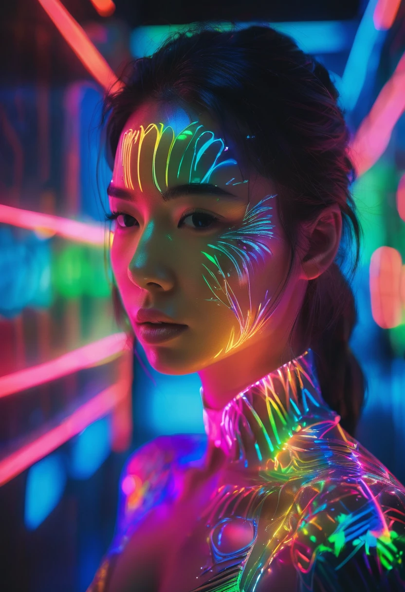 portrait complet photographie unique avec lumière et peinture. Utilisation de matériaux fluorescents pour former des motifs abstraits qui sont mis en œuvre sur le joli visage de femme japonaise avec une pose dynamique. Les matériaux phosphorescents stockent la lumière et la restituent lentement. brillent dans le noir, effet arc-en-ciel prismatique, ultra très détaillé, texture de la peau, art détaillé, fond de lueur néon, Portrait réaliste par Arnau Mas