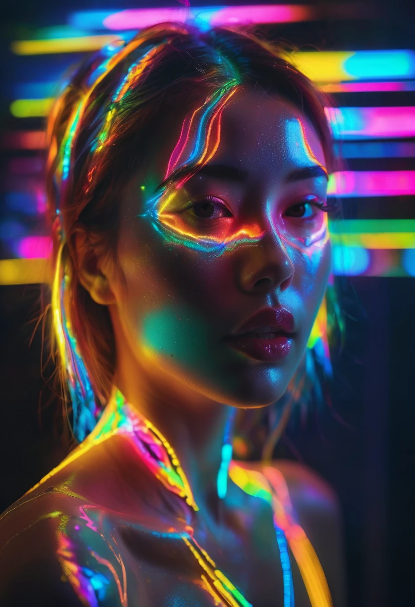 full portrait unique photography with light and painting. Using Fluorescent materials to form abstract patterns that are implemented on the pretty japanese women face with dynamic pose. Phosphorescent materials store light and release it slowly. glow in the dark, prism rainbow effect, Ultra highly detailed, skin texture, detailed art, neon glow backround, Realistic Portrait by Arnau Mas