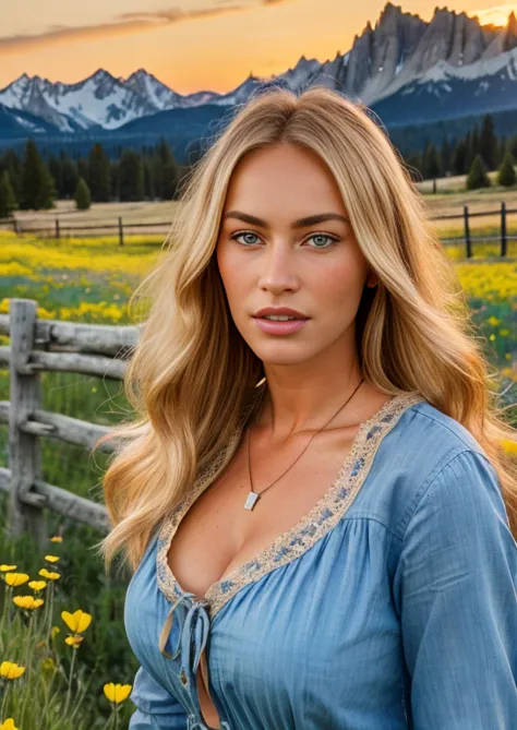 close up photography, a western scene, A beautiful lone blonde woman standing next to a split fence in a flower filled meadow in...