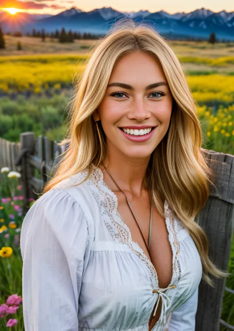 close up photography, a western scene, A beautiful blonde woman smiling alone standing next to a divided fence in a meadow full ...