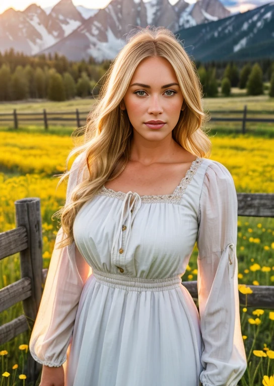 close up photography, a western scene, A beautiful lone blonde woman standing next to a split fence in a flower filled meadow in the Sawtooth Mountains in Idaho as the sun sets; wearing a beautiful dress with a neckline , sexy peasant, europea, 🤬 🤮 💕