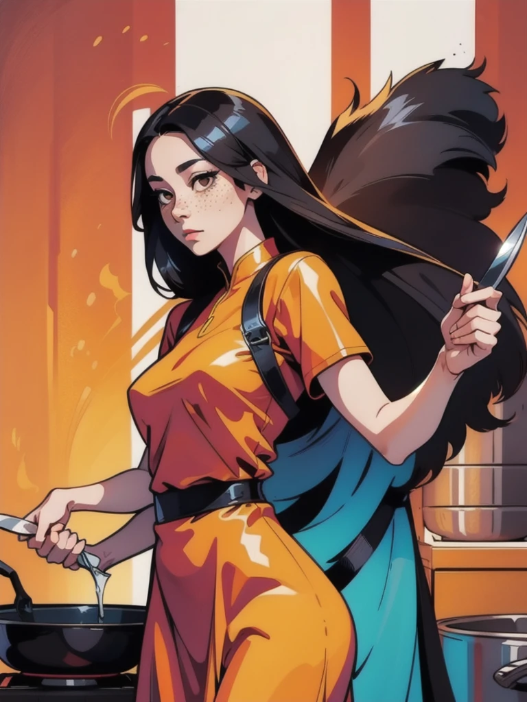 l1s4fr4nk Fr3ckles, freckles, young woman, pele morena, long dress medieval, camponesa, holding a kitchen knife in her hand, black hair, medium breasts, cabelo  ondulado longo,  brown eyes, solo,