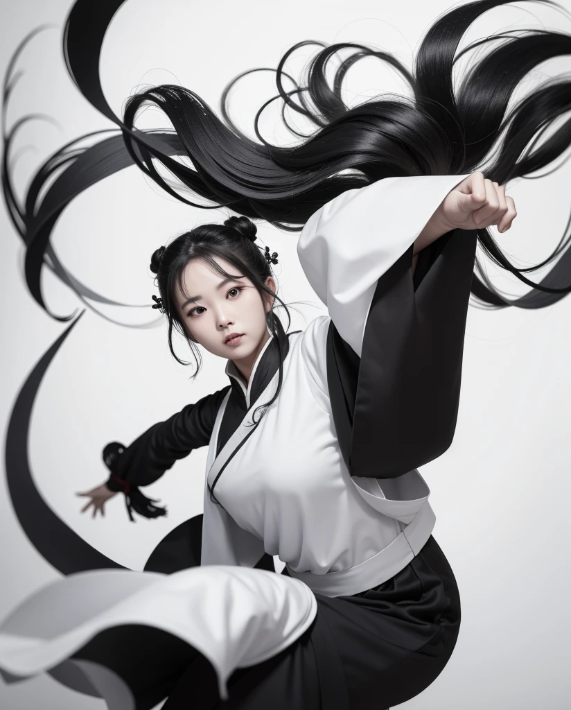 zydink, monochrome, ink sketch, asian (middle age woman), fighting stance, looking at viewer, long hair, floating hair, hanfu, chinese clothes, long sleeves, (abstract ink splash:1.2), white background
