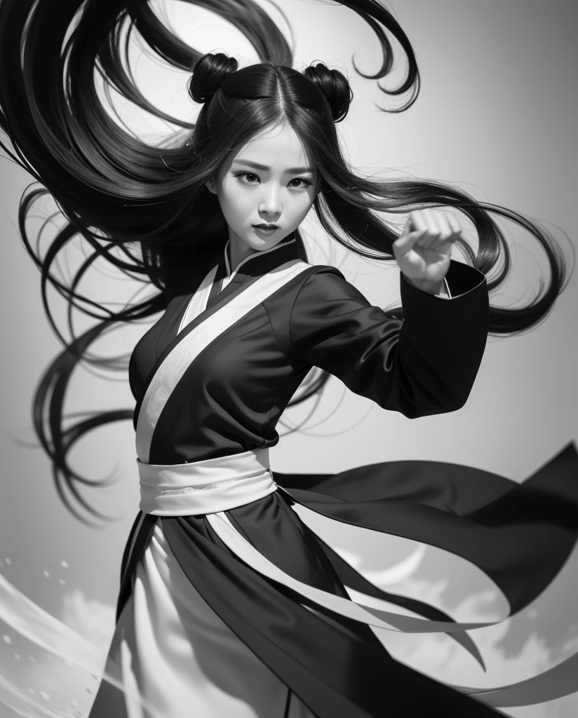 zydink, monochrome, ink sketch, asian (middle age woman), fighting stance, looking at viewer, long hair, floating hair, hanfu, chinese clothes, long sleeves, (abstract ink splash:1.2), white background
