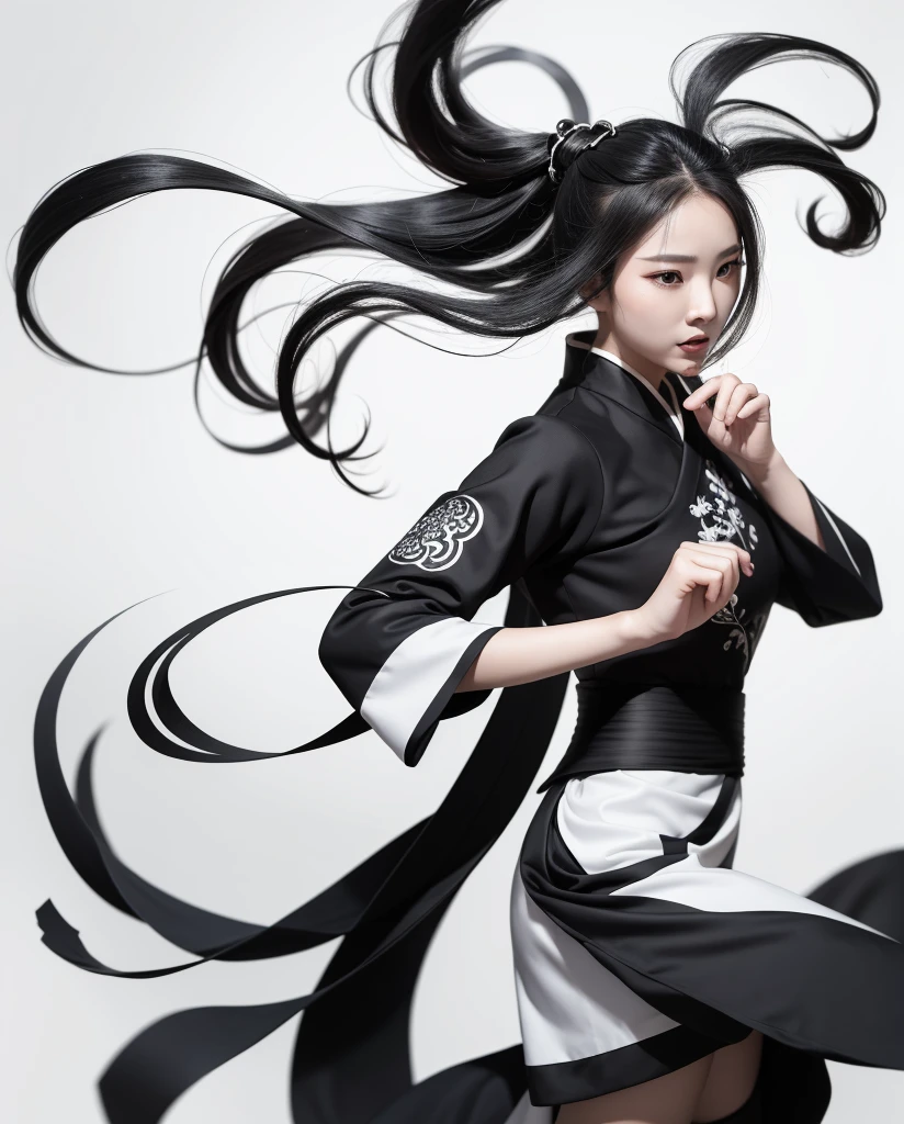 zydink, monochrome, ink sketch, asian (middle age woman), fighting stance, looking at viewer, long hair, floating hair, hanfu, chinese clothes, long sleeves, (abstract ink splash:1.2), white background
