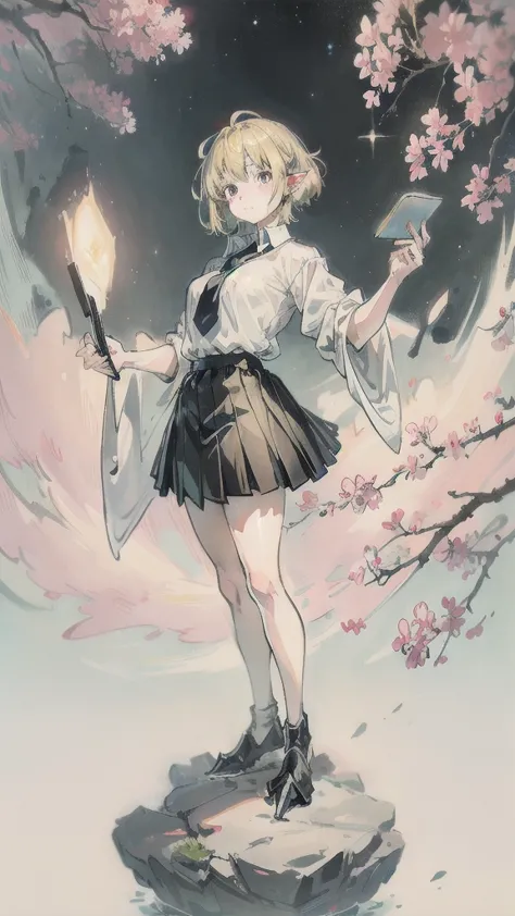 Anime girl standing on rocks on circular light background,20s,happy,white shirt,black standard tie,short sleeves,white school sk...