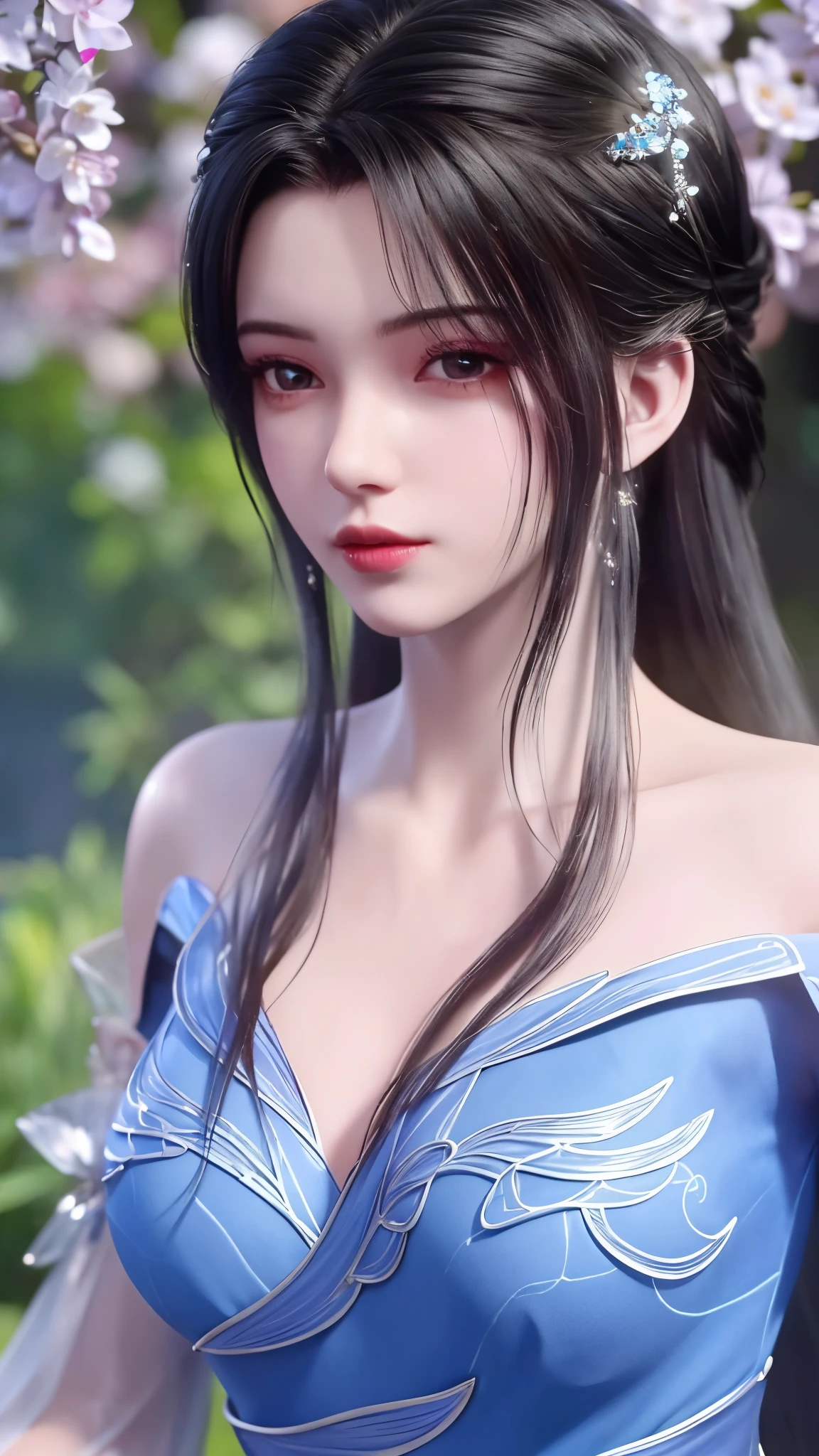 (8k, RAW photo, best quality, masterpiece:1.2),(realistic, photo-realistic:1.4), ultra-detailed, extremely detailed cg 8k wallpaper,(crystalstexture skin:1.2), (extremely delicate and beautiful),
1girl,solo, realistic,black hair,long hair,bare shoulders,blue dress,large breasts,cleavage, looking at viewer, outdoors,
leaning forward,