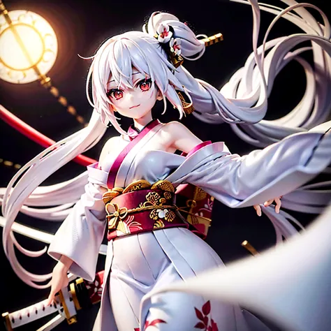 Anime girl, Long white hair, pale skin, white eyes, long white kimono, katana in hand, smiling