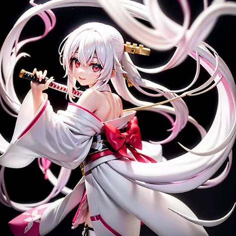 Anime girl, Long white hair, pale skin, white eyes, long white kimono, katana in hand, smiling