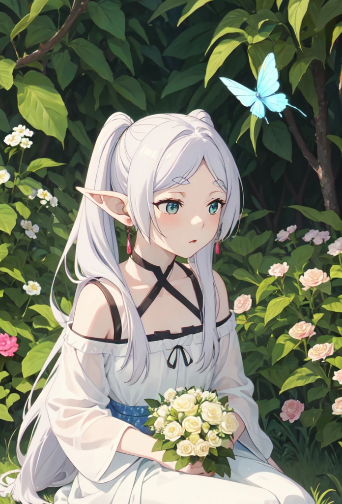 Highest quality, masterpiece, High resolution, alone, (Freezing_sousounoFreezing:1.10), One girl, Fairy, jewelry, Upper Body,  , anime_style, 24 、Frieren is、Sitting quietly in the middle of a flower garden。Colorful flowersが彼女の周りに咲き誇り、The scent drifts on the sweet breeze。Sunshine illuminates the flower garden、Some flowers々is gently swaying。

She flowers々Find a comfortable place between、I&#39;m sitting there huddled。Her long silver hair fluttering in the wind、The beauty is the flower々In harmony with the beauty of。Her expression is calm、You can see that they are enjoying the beauty of the flower fields.。

Frieren isシンプルな白いドレスを着ており、Its pure color stands out especially in the flower garden.。At her feet、The grass is soft and laid、Sitting on it is like being at one with nature.。She holds a small bouquet in her hand、The colours enhance her beauty even more.。

In the background、Colorful flowers々Spread、The edge of the forest is peeking out。Butterflies fluttering in some of the flower gardens、The little birds are singing。The scent of flowers and the sounds of nature、There&#39;s a quiet sense of happiness in the air.。

Around her、A flower blooming happily々Spread、Some of them are touching her shoulders。Her eyes were gazing tenderly at the flower fields that spread out in the distance.、Her harmony with nature reflects her inner serenity.。

