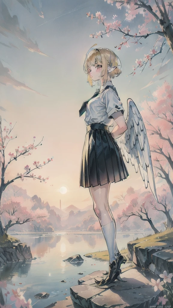 Anime girl standing on rocks on circular light background,20s,happy,white shirt,black standard tie,short sleeves,white school skirt,short hair,light blonde hair,pointy ears,((harpy)), anime style 4k, anime art wallpaper 8k, anime girl with space hair, anime art wallpaper 4k, anime art wallpaper 4k, anime wallpaper 4k, anime wallpaper 4k, fantastic anime, 4k anime wallpaper, anime moe art style, epic anime artwork, anime lighting、NSFW, (8K, RAW photo, highest quality, masterpiece:1.2), (realistic, Photoreal:1.37), super detailed, solo, beautiful detailed sky,near sky,cherry blossoms