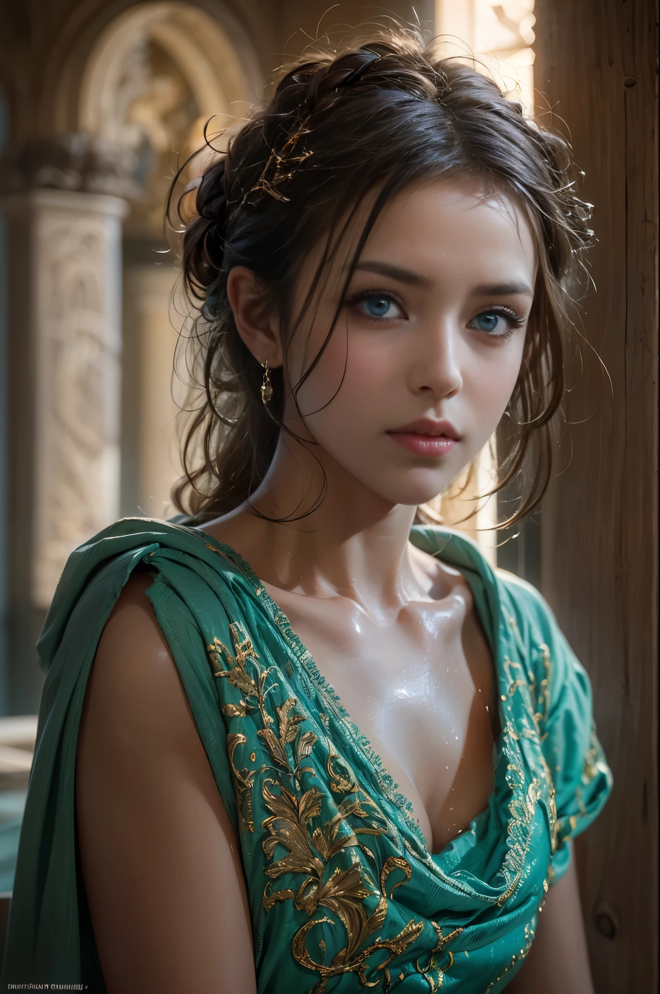 Hyperrealistic portrait of a cute woman in Roman style 200 b. c. in a Roman bathhouse, photorealestic, intense blue eyes, dynamic lighting, artstation, posters, volumetric lightning, very detailed faces, 4 K, awards winning,, 1 girl, in the dark, deep shadow, lowkey, Cowboy-shot,(official clothing: 1,4) ,Long hair,dark hair,