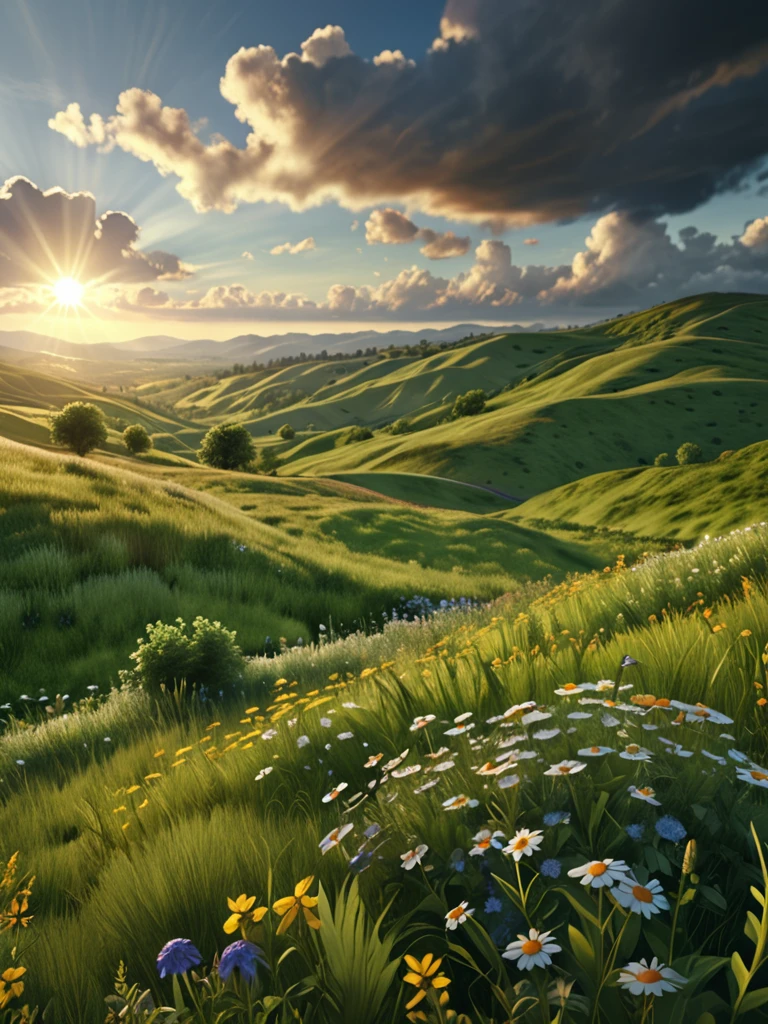 cloudy sky, golden hour, sunlight shining through clouds, dramatic lighting, serene landscape, rolling hills, lush green meadow, wildflowers, peaceful atmosphere, cinematic, highly detailed, photorealistic, 8k, masterpiece