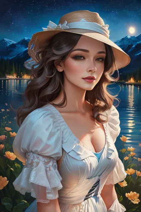 a woman in a hat is standing near a body of water, novel cover, beautiful beautiful digital art, beautiful digital art, digital ...