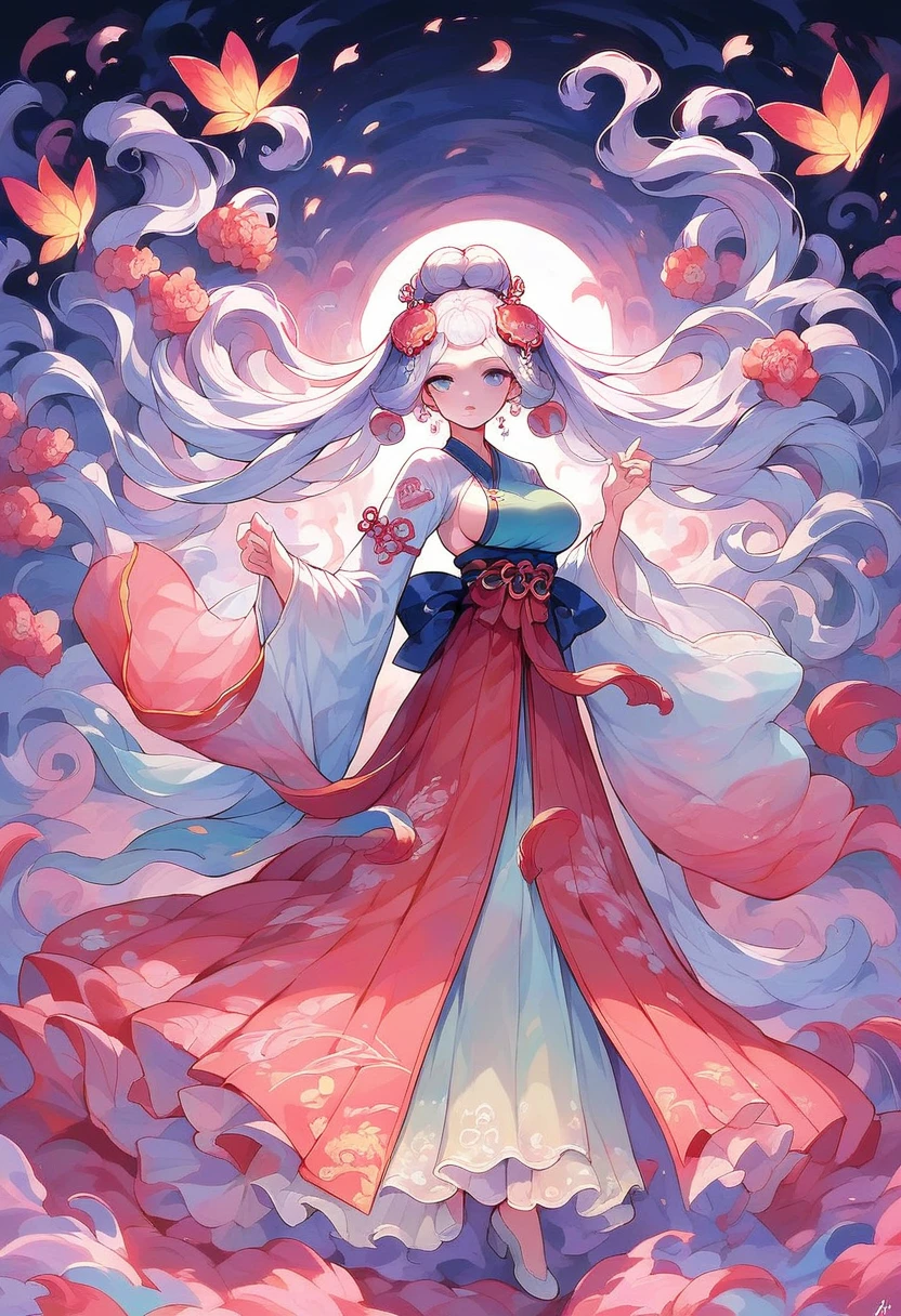 score_9, score_8_up, score_7_up, ultra detailed, full body, looking at viewer,  chinese fairy woman, wide sleeves, hanfu, see-through, dress, robe,, Chinese traditional style,  (hair ornament), floating fabric band behind the character forming an arch, blue eyes, white hair, long hair, skirt open on sides, big breasts, sideboob, dwarfoil, Oiled skin, gloss lips, detailed outdoor background,