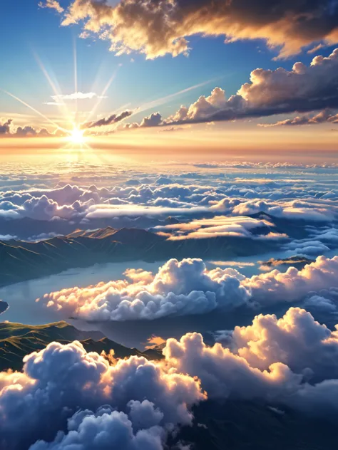 （mont：1.3），sea of clouds，the sunrise， clouds, tyndall rays，（works of masters：1.3），（8k wallpaper：1.3），photorealsitic， morning lig...