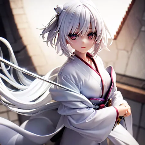 girl with white hair, white eyes, in a white kimono, holding a katana