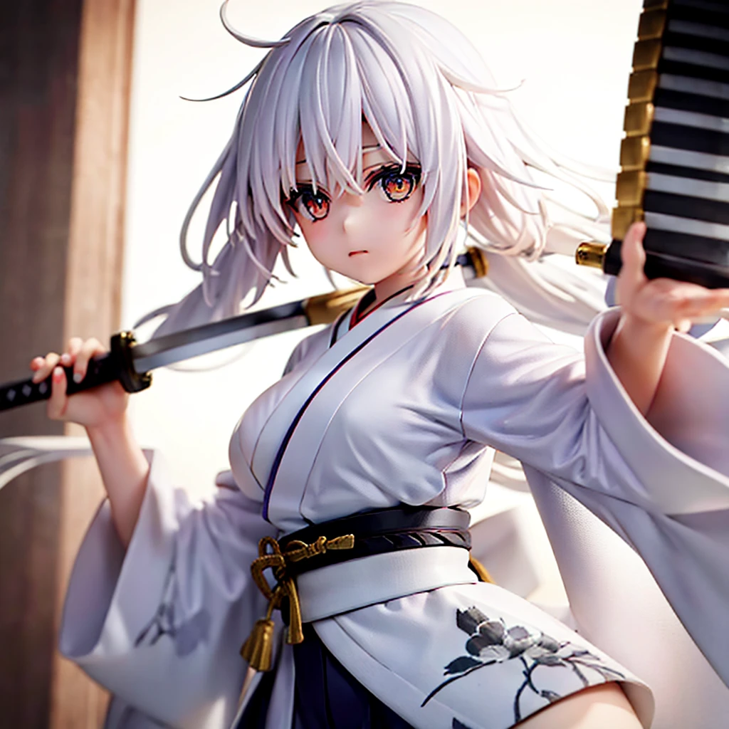 chica con pelo blanco, ojos blancos, en un kimono blanco, sosteniendo una katana