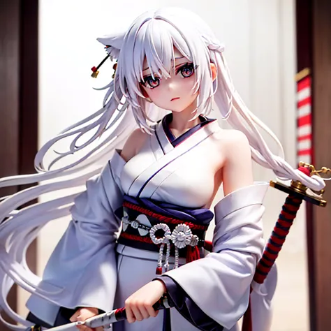 Girl with white hair, white eyes, in a white kimono, holding a katana