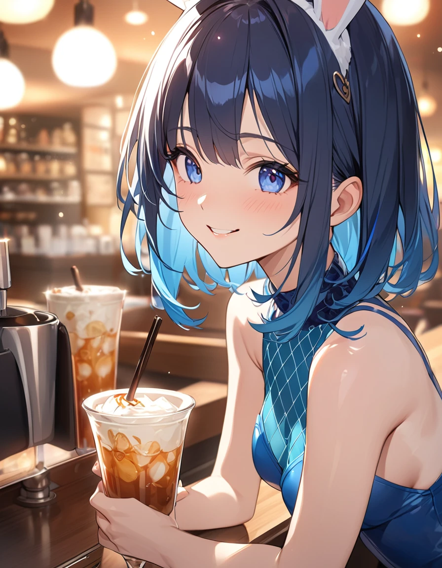 (Highest qualityのイラスト:1.2), (pretty girl:1.1), (1 girl、17 years old),(1 girl、smile、Round eyes:1.2)、Bright blue hair、Short Bob Hair、Bunny girl、Bunny ears、Blue leotard、Fishnet tights、High heeledium chest、Café Bar、smile、masterpieceサイドライト、masterpiece、Highest quality、detailed、High resolution illustrations),　Soft Focus