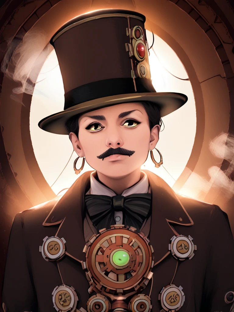 a humanoid figure with an orange octopus head, a black moustache, wearing a top hat and monocle, dressed elegantly, smoking, (best quality,4k,8k,highres,masterpiece:1.2),ultra-detailed,(realistic,photorealistic,photo-realistic:1.37),steampunk, intricate details, dramatic lighting, rich colors, cinematic composition