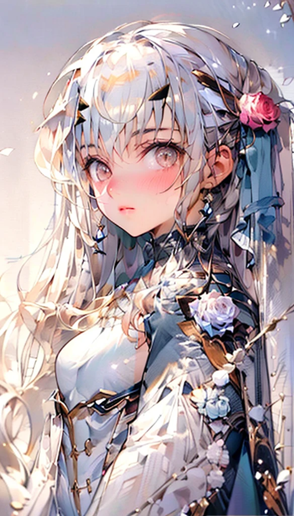 Uhd, absurdres, best_quality, masterpiece, best quality,1girl, solo, fairy knight lancelot (fate), long straight hair, forked eyebrows, white hair, small breasts, looking at viewer, dress, cape, blue dress, bangs, long sleeves, gold eyes, white rose, sidelocks