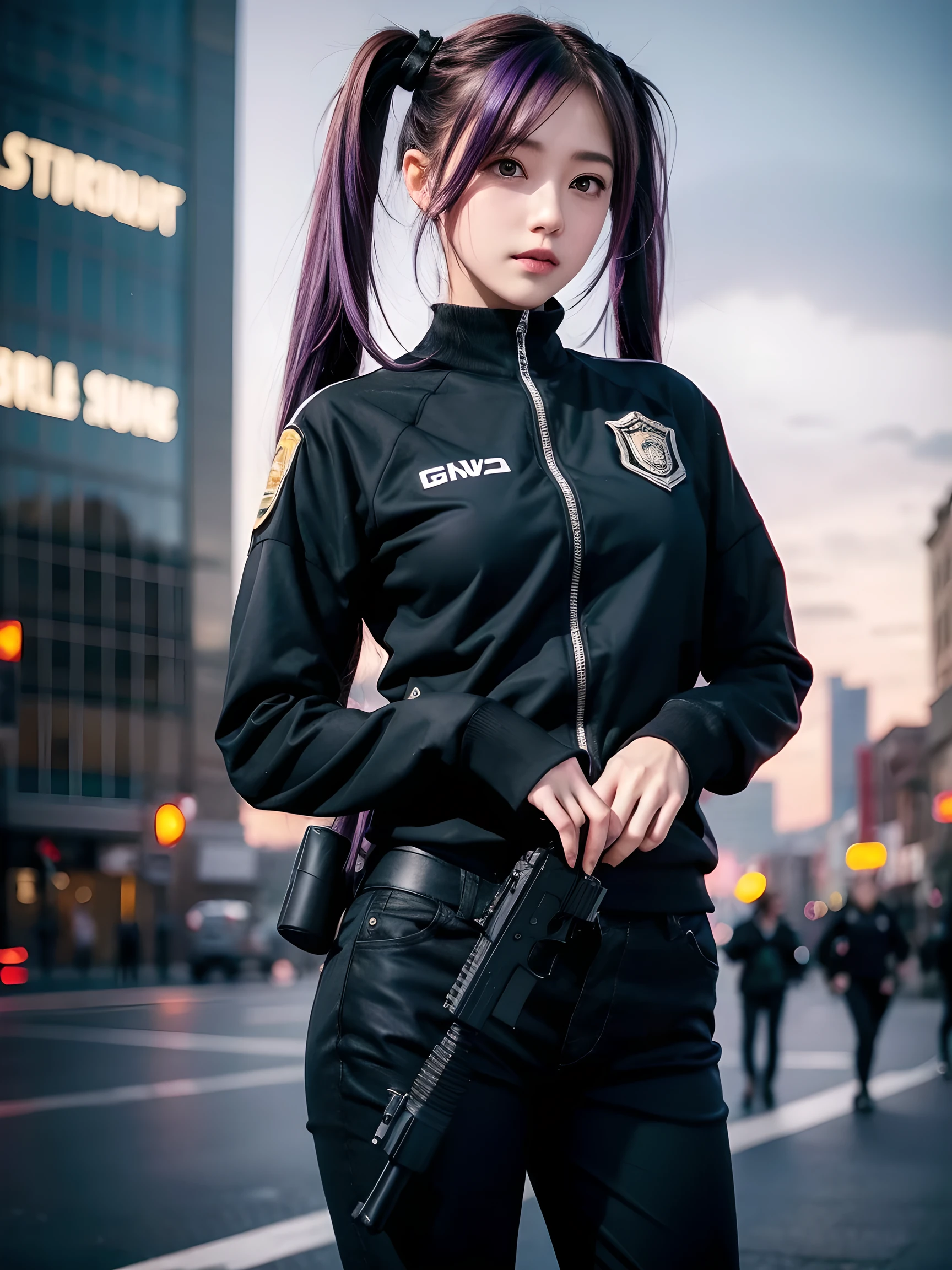 ((masterpiece)), ((best quality)), ((highres)), 1girl, solo, police officer, (matching pants, slacks), city backdrop, (holding and aiming pistol, detailed pistol, glock 22, trigger discipline), standing, medium hair, (purple hair, twintails), (green eyes),
