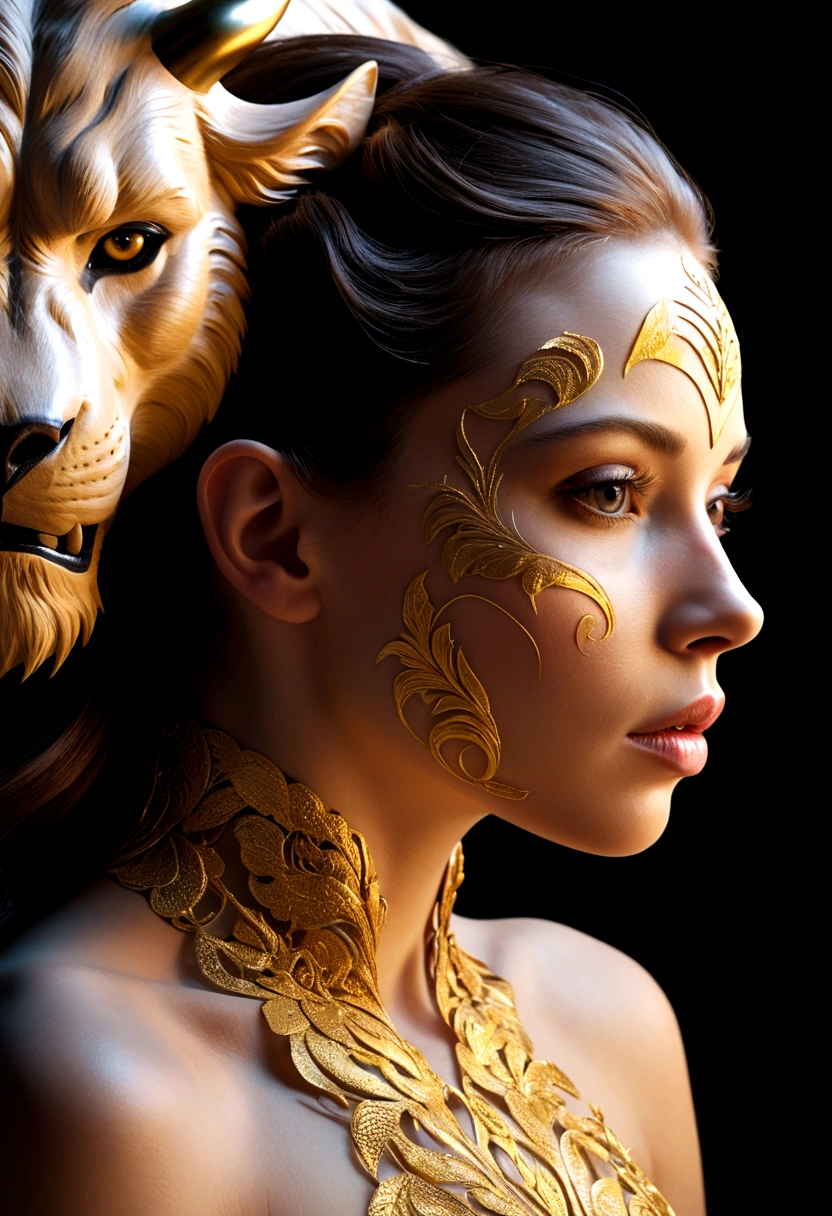 photoillustration of double exposure of merged, a beauty-lady, the beast, (solid effect of the beast image facing on her), seamless mix, texture and pattern, solid effect mirroring, iconic stance, dramatic shadows, dramatic lights, interlacing elements, mirror image facing on her, side view, fantasy art, two tones, opposite-opponent digital manipulated photo art, hyper-realistic, ultra-detailed, crisp clarity, high-contrast, luminous ambiance, rich textures, intricate patterns, vivid colors, cinematic lighting, photorealistic, accurate anatomical proportions.