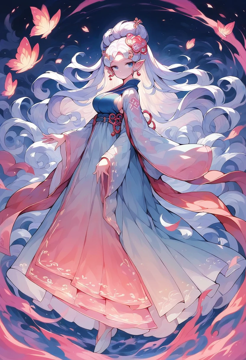 score_9, score_8_up, score_7_up, ultra detailed, full body, looking at viewer,  chinese fairy woman, wide sleeves, hanfu, see-through, dress, robe, exposed shouders, Chinese traditional style,  (hair ornament), floating fabric band behind the character forming an arch, blue eyes, white hair, long hair, skirt open on sides, beautiful legs, big breasts, sideboob, dwarfoil, Oiled skin, gloss lips, detailed outdoor background,