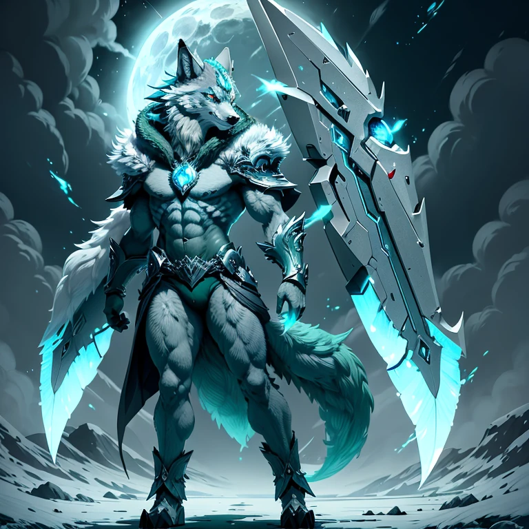 (1 wolf) full body, a blue eyes light green wolf, a winged four pointy feathered ears wind wolf with feathers and wind, light green feathers, feathered wings, wind energy around, typhoon background