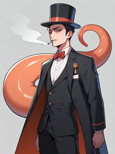 Humanoid figure with an orange octopus head with a black vigote, a top hat and a monacle dressed elegantly, smoking
