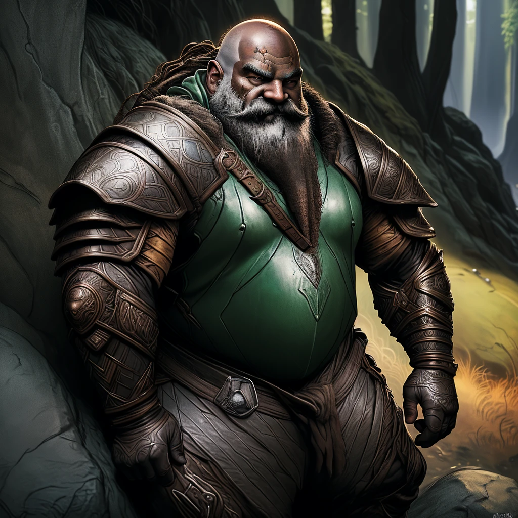 a chubby bald dwarf with a colored beard, dark skin, wearing leather armor, druid, detailed face, highly detailed, masterpiece, cinematic lighting, vibrant colors, fantasy art, concept art