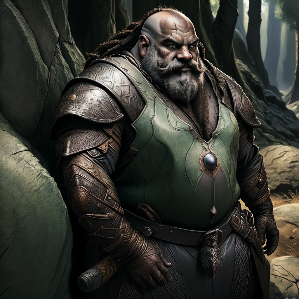 a chubby bald dwarf with a colored beard, dark skin, wearing leather armor, druid, detailed face, highly detailed, masterpiece, cinematic lighting, vibrant colors, fantasy art, concept art