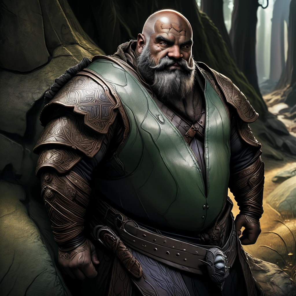 a chubby bald dwarf with a colored beard, dark skin, wearing leather armor, druid, detailed face, highly detailed, masterpiece, cinematic lighting, vibrant colors, fantasy art, concept art