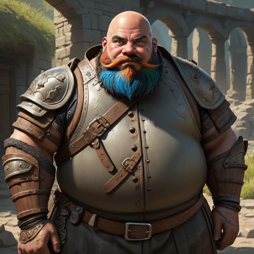 a chubby bald dwarf with a colored beard, wearing leather armor, detailed face, highly detailed, masterpiece, cinematic lighting, vibrant colors, fantasy art, concept art