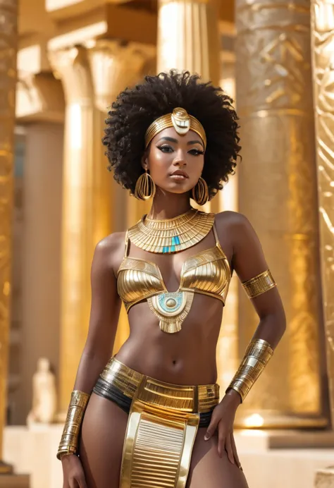 close-up,withiut clothes cute sexual black girl looking at me, flirt, cyberpank gold parts body,against the backdrop gold egypti...