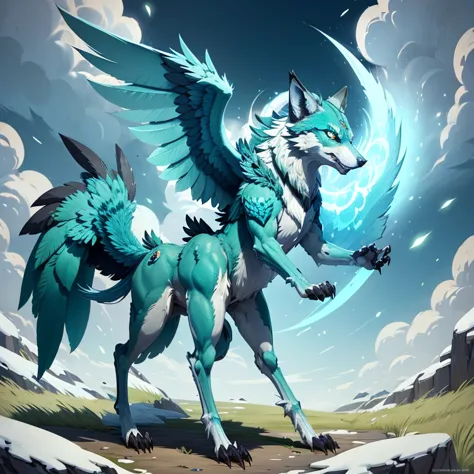 (1 wolf) full body, a blue eyes light green wolf, a winged four pointy feathered ears wind wolf with feathers and wind, light gr...