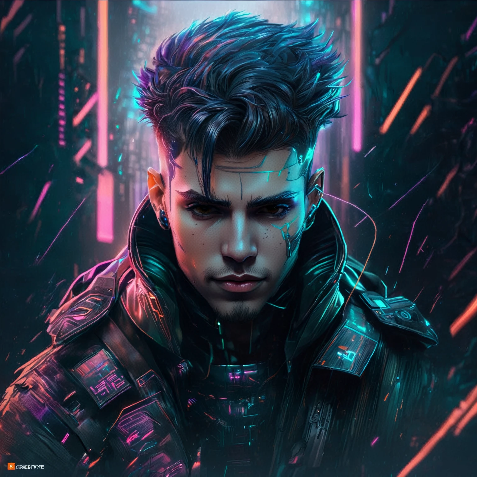 ((a confident sensual and beautiful young man, ultra detailed)), ((sensual smile, young and beautiful cyberpunk, beautiful cyberpunk boy face light brown eyes:1.4)), dreamy, ((beautiful and detailed hair, soft and luminous:1.3)), dark night environment, night colors, violet, blue, black, gray, ultra-realistic 8k, cyberpunk 20 years. a model , the portrait, highly detailed 32k digital art, beautiful digital artwork, Cyborg Cyberpunk. ((orange, cyan, brown colors: 1.2)), 8k realistic digital art, soft neon lighting on the body, (( Highly detailed: 1.4), (( masterpiece )), (Hyper detailed and beautiful: 1.3), (Photorealistic: 1.4)