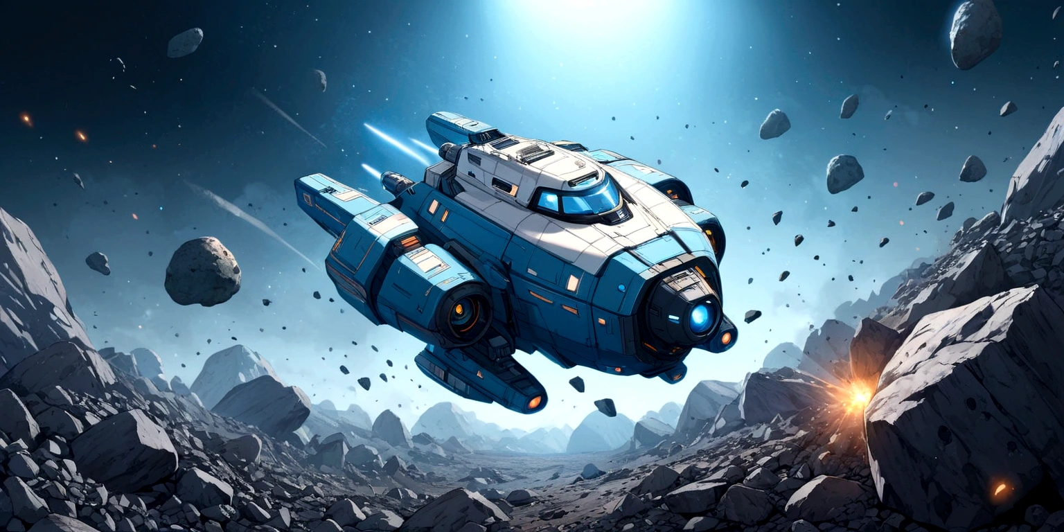 A shot of Zorax piloting his spaceship through an asteroid field, dodging rocks and debris.