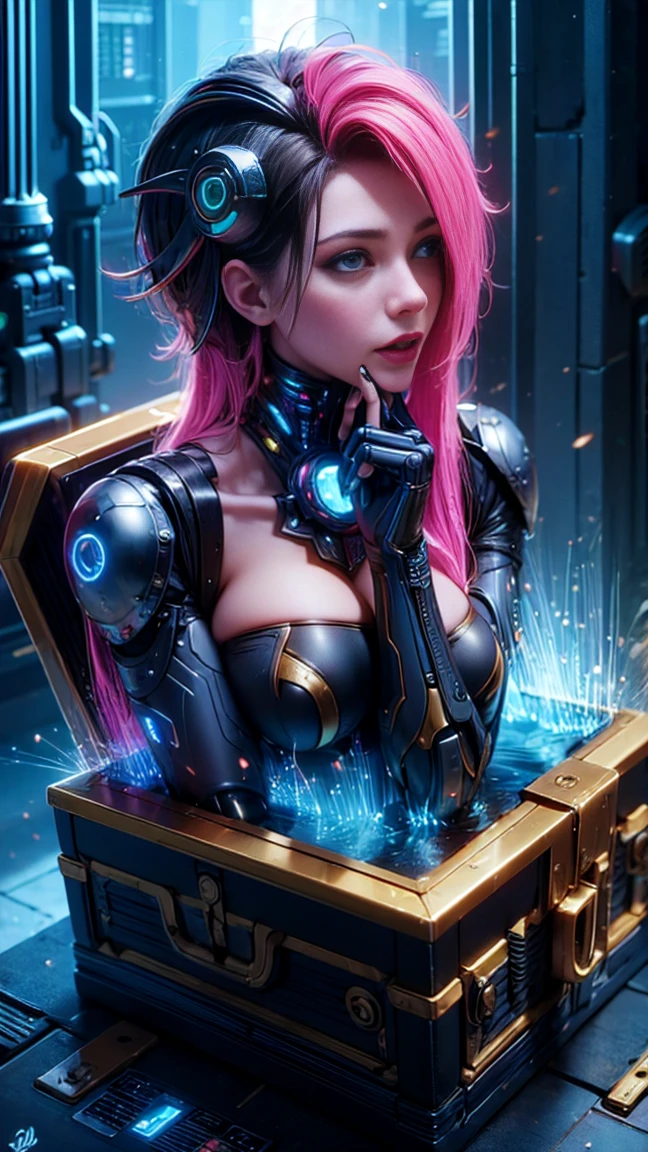 Top Qualität, zukünftige Welt, hochmoderner Roboter, Schöne Frau, fliegende Haare, Bis auf das Gesicht in einen Cyborg verwandelt,  Bis auf die Schulter in einen Cyborg verwandelt, sexy Bilder, Ganzkörperfoto, (((nachahmen)))