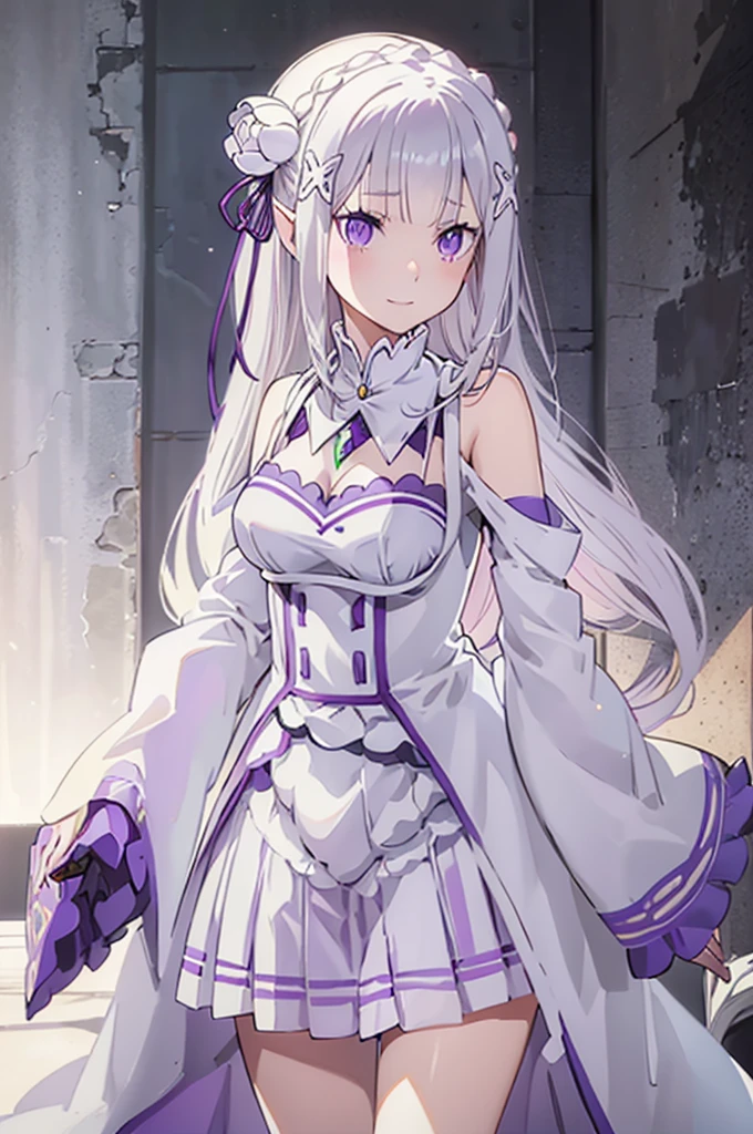 emília, 
Rezero emília, 
1 garota, 
melhor ilustração, obra de arte, melhor qualidade, Alta resolução, 
anatomia perfeita, belas mãos, mãos perfeitas, QUEBRE cabelos longos, Cabelo longo preso, Trança, crown Trança,
cabelo branco, 
(olhos roxos:1.2), (lindos olhos detalhados:1.6),
Olhando para o visualizador, 
Orelhas pontudas,
BREAK sorriso, 
vestir, pink vestir, BREAK Ombros Nus, colarinho destacado, mangas compridas, recorte de ombro, mangas largas, mangas brancas, 
seios médios, 
zetai ryouiki, 
flor, hair flor, hair ornament, fita de cabelo,   white flor, x hair ornament,
tiro de vaqueiro ,
Postura ajoelhada,
Atire de cima, 
iluminação perfeita,
fundo de interior,