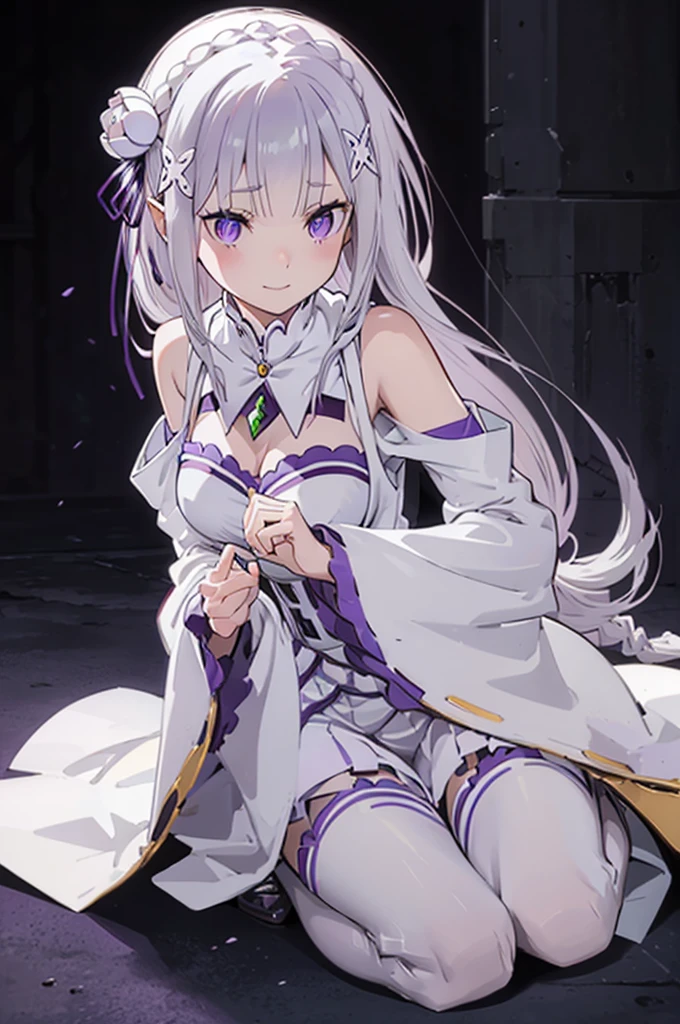 emília, 
Rezero emília, 
1 garota, 
melhor ilustração, obra de arte, melhor qualidade, Alta resolução, 
anatomia perfeita, belas mãos, mãos perfeitas, QUEBRE cabelos longos, Cabelo longo preso, Trança, crown Trança,
cabelo branco, 
(olhos roxos:1.2), (lindos olhos detalhados:1.6),
Olhando para o visualizador, 
Orelhas pontudas,
BREAK sorriso, 
vestir, pink vestir, BREAK Ombros Nus, colarinho destacado, mangas compridas, recorte de ombro, mangas largas, mangas brancas, 
seios médios, 
zetai ryouiki, 
flor, hair flor, hair ornament, fita de cabelo,   white flor, x hair ornament,
tiro de vaqueiro ,
Postura ajoelhada,
Atire de cima, 
iluminação perfeita,
fundo de interior,